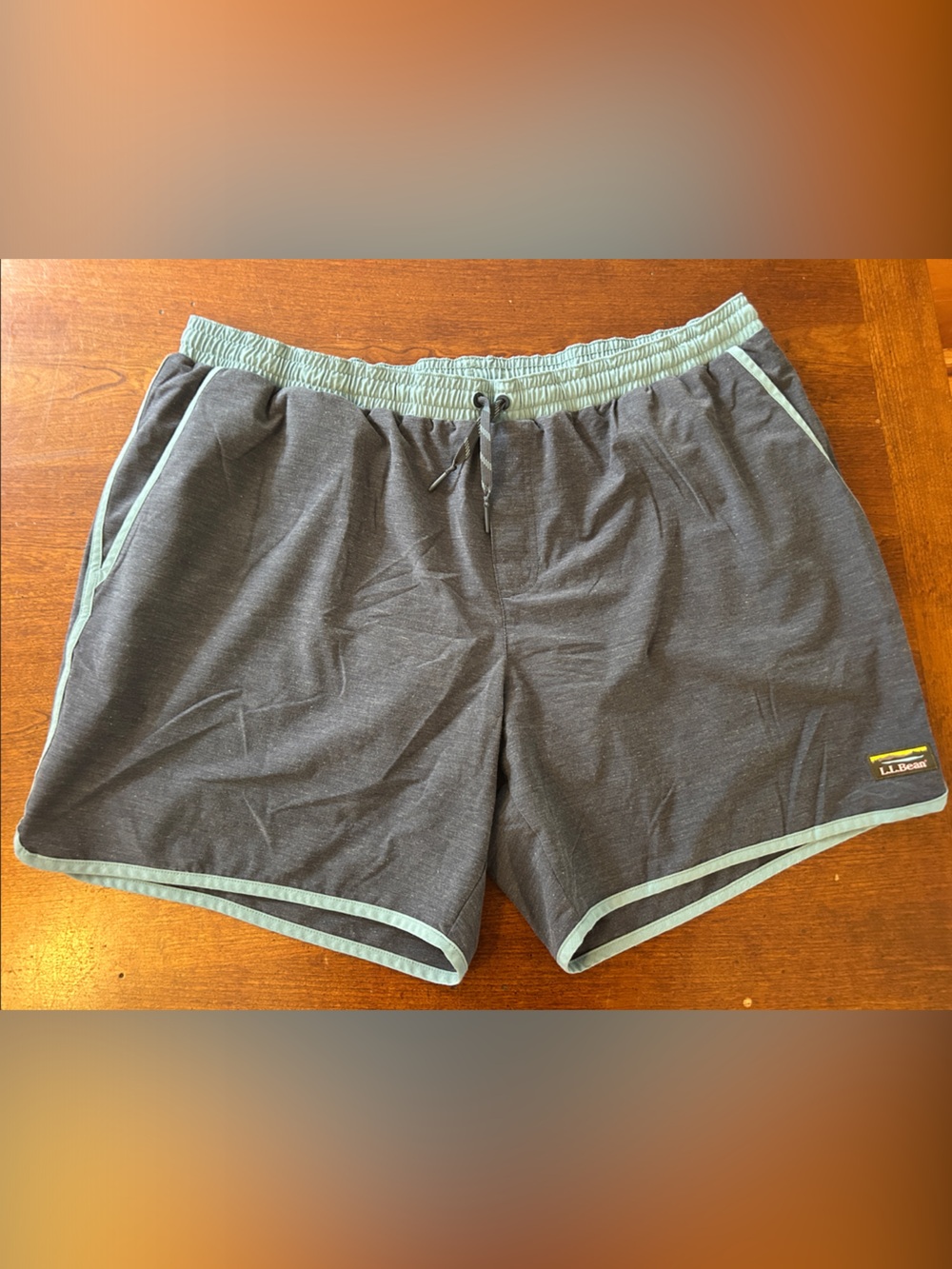 L.L. Bean Men's Charcoal Gray Swim Trunks with Light Green Trim